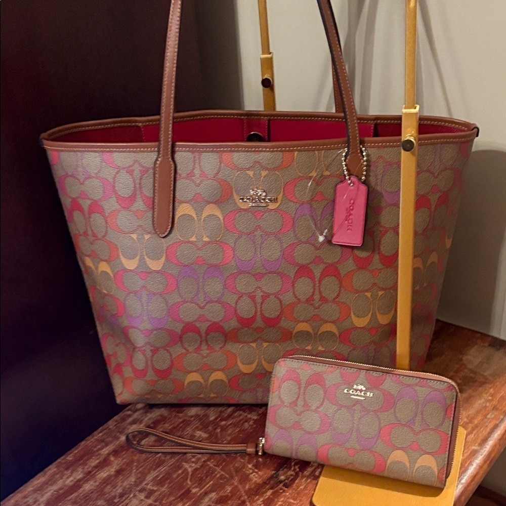 Coach Pink and Orange Signature Tote with Wallet